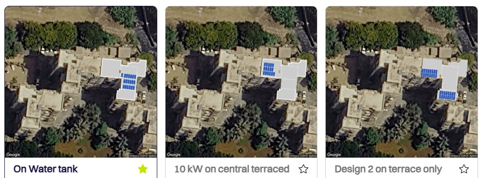 3D solar layout design for B3 Vikas Complex: three layout options